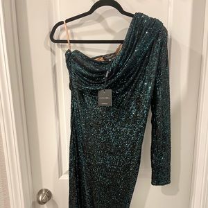JLUXLABEL - GREEN LURE GATHERED ONE SHOULDER DRESS, SIZE XL